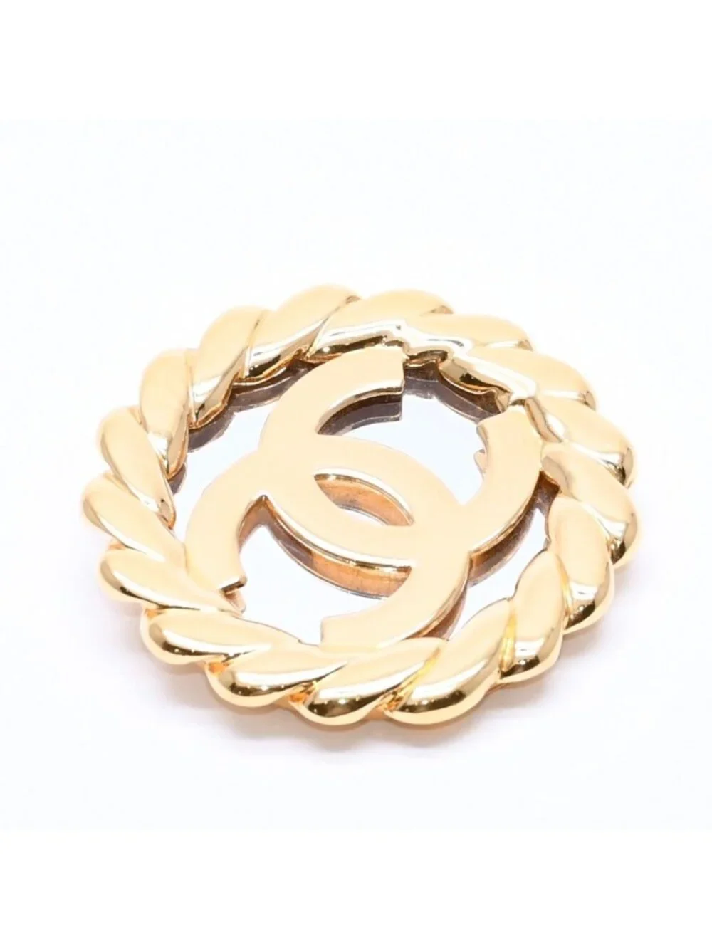 Chanel CC Logo Vintage Rope Edge Brooch 2 Gold Plated